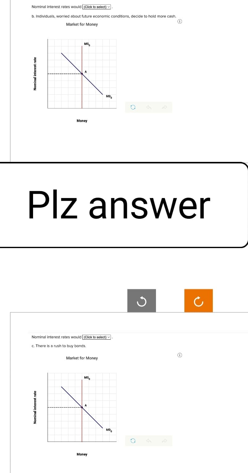 Nominal interest rates would | (Click to select)
b. Individuals, worried about future economic conditions, decide to hold more cash.
0
Market for Money
Nominal interest rate
MS
Money
Nominal interest rate
Nominal interest rates would (Click to select)
c. There is a rush to buy bonds.
Plz answer
Market for Money
MD
MS
Money
O
MD
←
Q
1