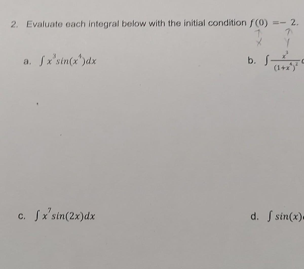 2. Evaluate each integral below with the initial condition f(0)
a. fx sin(x¹)dx
c. f x'sin(2x)dx
b. S
- 2.
7
Y
2
(1+x²)²
d. f sin(x).