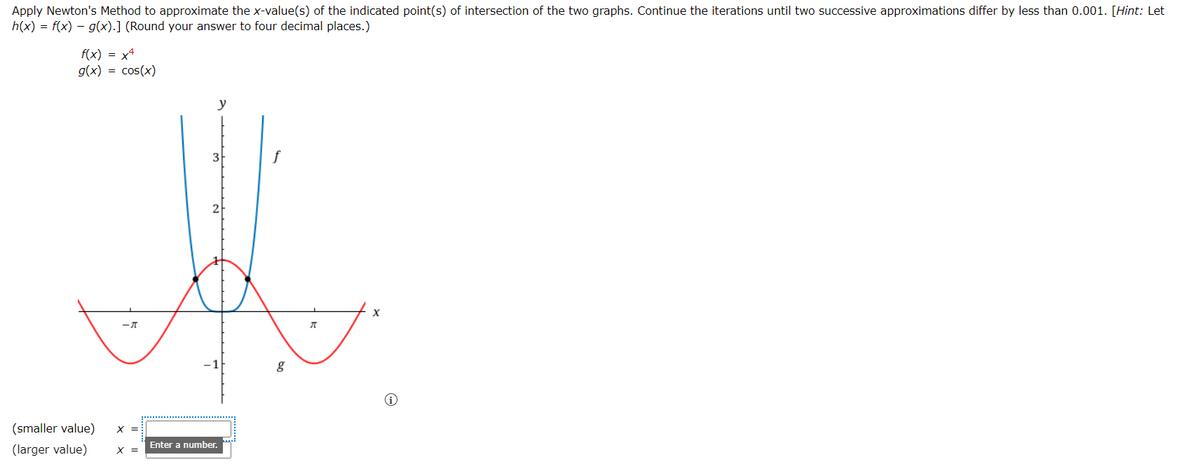 Apply Newton's Method to approximate the x-value(s) of the indicated point(s) of intersection of the two graphs. Continue the iterations until two successive approximations differ by less than 0.001. [Hint: Let
h(x) = f(x) = g(x).] (Round your answer to four decimal places.)
f(x) = x4
g(x) = cos(x)
-A
X
(smaller value)
(larger value) X
y
Enter a number.
g
π
X