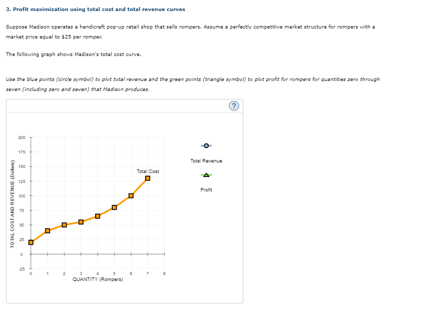 3. Profit maximization using total cost and total revenue curves
Suppose Madison operates a handicraft pop-up retail shop that sells rompers. Assume a perfectly competitive market structure for rompers with a
market price equal to $25 per romper.
The following graph shows Madison's total cost curve.
Use the blue points (circle symbol) to plot total revenue and the green points (triangle symbol) to plot profit for rompers for quantities zero through
seven (including zero and seven) that Madison produces.
TOTAL COST AND REVENUE (Dollars)
200
175 +
150
125
100
75
0
-25
0
0
1
U
2
□
0
3
5
QUANTITY (Rompers)
4
O
6
Total Cost
7
8
Total Revenue
Profit
(2