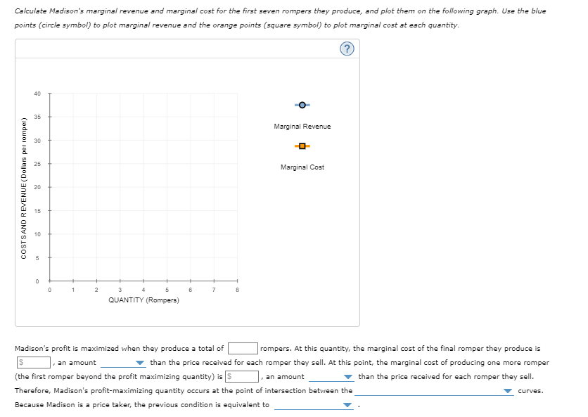 Calculate Madison's marginal revenue and marginal cost for the first seven rompers they produce, and plot them on the following graph. Use the blue
points (circle symbol) to plot marginal revenue and the orange points (square symbol) to plot marginal cost at each quantity.
COSTSAND REVENUE (Dollars per romper)
40
35
30
25
20
15
5
0
0
1
2
4
3
5
QUANTITY (Rompers)
6
7
Madison's profit is maximized when they produce a total of
, an amount
8
Marginal Revenue
Marginal Cost
rompers. At this quantity, the marginal cost of the final romper they produce is
than the price received for each romper they sell. At this point, the marginal cost of producing one more romper
, an amount
than the price received for each romper they sell.
(the first romper beyond the profit maximizing quantity) is S
Therefore, Madison's profit-maximizing quantity occurs at the point of intersection between the
Because Madison is a price taker, the previous condition is equivalent to
curves.