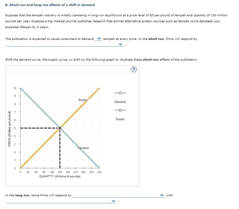 8. Short-run and long-run effects of a shift in demand
Suppose that the tempeh industry is initially operating in long-run equilibrium at a price level of $5 per pound of tempeh and quantity of 150 million
pounds per year. Suppose a top medical journal publishes research that animal-alternative protein sources such as tempeh could decrease your
expected lifespan by 4 years.
The publication is expected to cause consumers to demand tempeh at every price. In the short run, firms will respond by
Shift the demand curve, the supply curve, or both on the following graph to illustrate these short-run effects of the publication.
PRICE (Dollars per pound)
10
9
8
00
m
2
1
0
0
Supply
In the long run, some firms will respond by
Demand
30 60 90 120 150 180 210 240 270 300
QUANTITY (Millions of pounds)
Demand
Supply
until