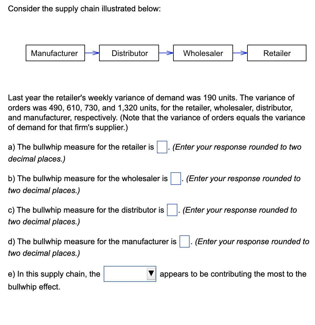 Consider the supply chain illustrated below:
Manufacturer
Distributor
Wholesaler
Retailer
Last year the retailer's weekly variance of demand was 190 units. The variance of
orders was 490, 610, 730, and 1,320 units, for the retailer, wholesaler, distributor,
and manufacturer, respectively. (Note that the variance of orders equals the variance
of demand for that firm's supplier.)
a) The bullwhip measure for the retailer is
decimal places.)
b) The bullwhip measure for the wholesaler is
two decimal places.)
(Enter your response rounded to two
(Enter your response rounded to
c) The bullwhip measure for the distributor is ☐. (Enter your response rounded to
two decimal places.)
d) The bullwhip measure for the manufacturer is
two decimal places.)
e) In this supply chain, the
bullwhip effect.
(Enter your response rounded to
appears to be contributing the most to the