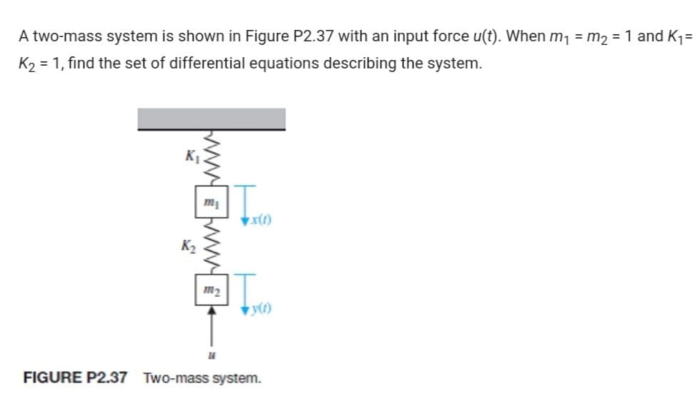 A two-mass system is shown in Figure P2.37 with an input force u(t). When m1 = m2 =1 and K1=
K2 = 1, find the set of differential equations describing the system.
K1
x(1)
m2
FIGURE P2.37 Two-mass system.
