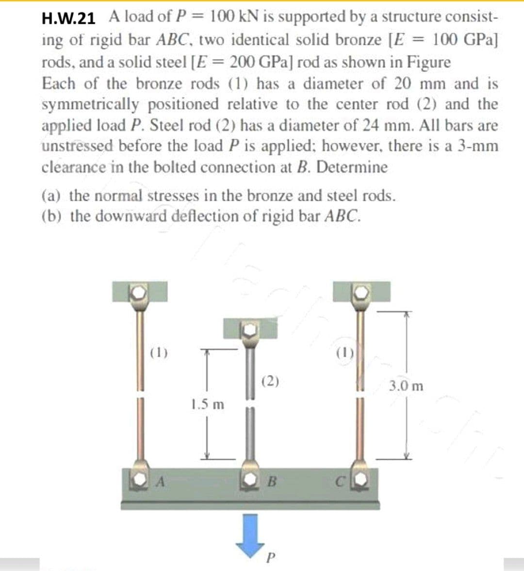 H.W.21 A load of P = 100 kN is supported by a structure consist-
ing of rigid bar ABC, two identical solid bronze [E = 100 GPa]
rods, and a solid steel [E = 200 GPa] rod as shown in Figure
Each of the bronze rods (1) has a diameter of 20 mm and is
symmetrically positioned relative to the center rod (2) and the
applied load P. Steel rod (2) has a diameter of 24 mm. All bars are
unstressed before the load P is applied; however, there is a 3-mm
clearance in the bolted connection at B. Determine
%3D
(a) the normal stresses in the bronze and steel rods.
(b) the downward deflection of rigid bar ABC.
(1)
(1)
3.0 m
1.5 m
B
