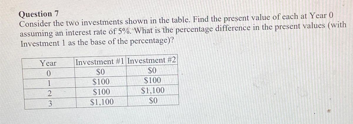 Question 7
Consider the two investments shown in the table. Find the present value of each at Year 0
assuming an interest rate of 5%. What is the percentage difference in the present values (with
Investment 1 as the base of the percentage)?
Year
0
1
2
3
Investment #1 Investment #2
$0
$100.
$100
$1,100
$0
$100
$1,100
$0