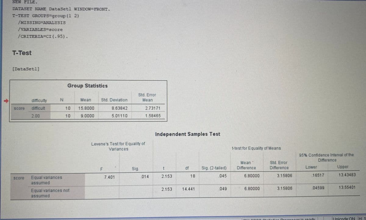 NEW FILE.
DATASET NAME DataSetl WINDOW=FRONT.
T-TEST GROUPS=group (1 2)
/MISSING=ANALYSIS
/VARIABLES=score
/CRITERIA=CI (.95).
T-Test
[DataSetl]
Group Statistics
Std. Error
Mean
difficulty
N.
Mean
Std. Deviation
Score
difficult
10
15.8000
8.63842
2.73171
2.00
10
9.0000
5.01110
1.58465
Independent Samples Test
Levene's Test for Equality of
Variances
t-test for Equality of Means
95% Confidence Interval of the
Difference
Mean
Difference
Std. Error
Difference
Sig.
df
Sig. (2-tailed)
Lower
Upper
Equal variances
7.401
.014
2.153
18
045
6.80000
3.15806
.16517
13.43483
Score
assumed
2.153
14.441
049
6.80000
3.15806
.04599
13.55401
Equal variances not
assumed
Breces cor is ready
Unicode ON H: 1
