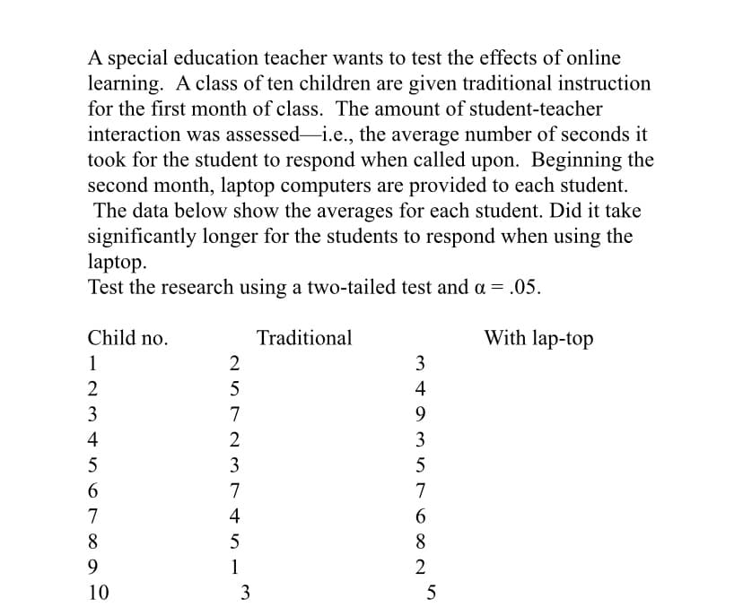 A special education teacher wants to test the effects of online
learning. A class of ten children are given traditional instruction
for the first month of class. The amount of student-teacher
interaction was assessed-i.e., the average number of seconds it
took for the student to respond when called upon. Beginning the
second month, laptop computers are provided to each student.
The data below show the averages for each student. Did it take
significantly longer for the students to respond when using the
laptop.
Test the research using a two-tailed test and a = .05.
Child no.
Traditional
With lap-top
1
3
5
4
3
7
9
4
2
3
5
3
5
6.
7
7
7
4
6.
8
5
8
9.
1
10
3.
