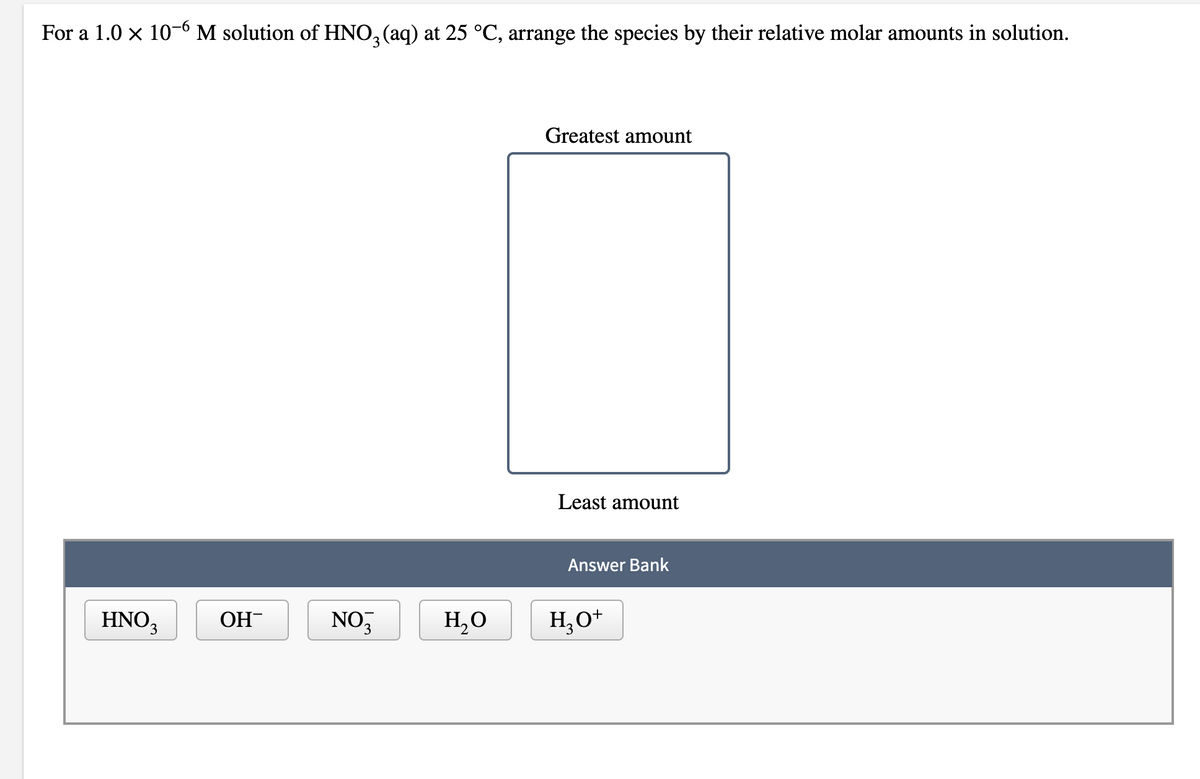 For a 1.0 x 10-° M solution of HNO, (aq) at 25 °C, arrange the species by their relative molar amounts in solution.
Greatest amount
Least amount
Answer Bank
HNO,
NO3
H,O
H;O+
ОН
