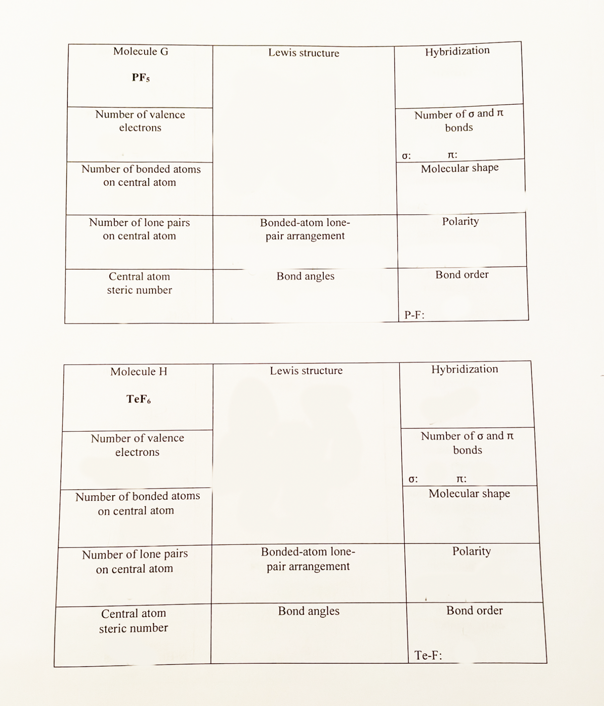 Molecule G
Lewis structure
Hybridization
PFs
Number of o and n
bonds
Number of valence
electrons
Number of bonded atoms
Molecular shape
on central atom
Number of lone pairs
on central atom
Bonded-atom lone-
Polarity
pair arrangement
Central atom
Bond angles
Bond order
steric number
P-F:
Molecule H
Lewis structure
Hybridization
TeF6
Number of valence
Number of o and n
electrons
bonds
0:
Number of bonded atoms
Molecular shape
on central atom
Number of lone pairs
Bonded-atom lone-
Polarity
on central atom
pair arrangement
Central atom
Bond angles
Bond order
steric number
Тe-F:
