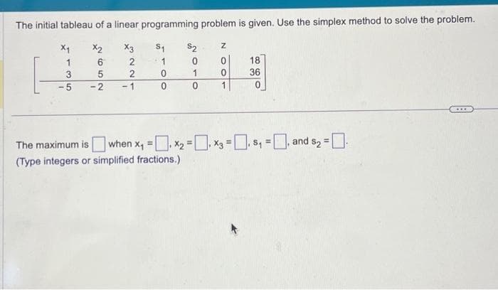 The initial tableau of a linear programming problem is given. Use the simplex method to solve the problem.
X2
X3
6
2
5
2
-2 -1
X₁
1
3
-5
S₁
1
0
0
$2
0
1
Z
0
0
1
18
36
The maximum is when x₁ = ₁x₂ = x3 = $₁=₁ and $₂ =
(Type integers or simplified fractions.)
C...