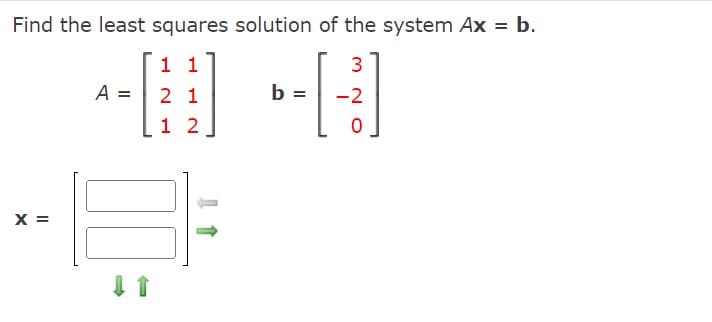 Find the least squares solution of the system Ax = b.
1 1
3
-B ·A
A = 2 1
b -2
1 2
0
X =
➡