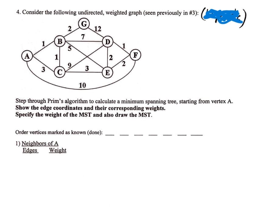 4. Consider the following undirected, weighted graph (seen previously in #3):
A
3
B
1
C
2
7
Edges Weight
3
10
12
Order vertices marked as known (done):
1) Neighbors of A
D
2
E
2
Step through Prim's algorithm to calculate a minimum spanning tree, starting from vertex A.
Show the edge coordinates and their corresponding weights.
Specify the weight of the MST and also draw the MST.
F