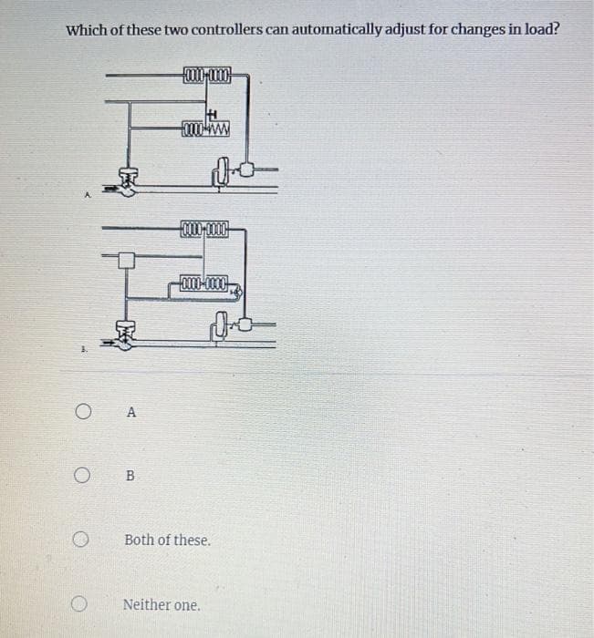 Which of these two controllers can automatically adjust for changes in load?
O
A
OB
000-m
14
D
0000-0000
0000-0000
Neither one.
Both of these.