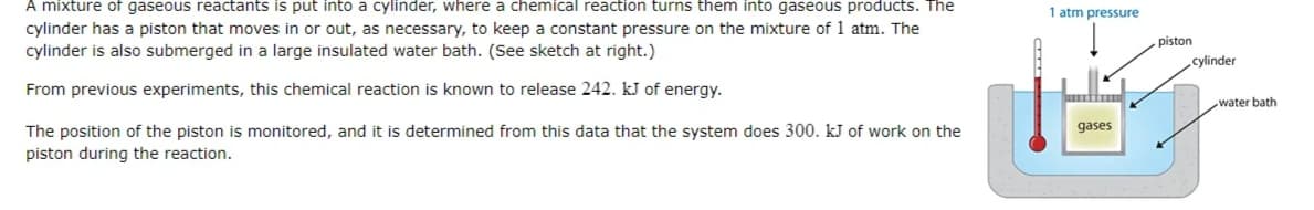 A mixture of gaseous reactants is put into a cylinder, where a chemical reaction turns them into gaseous products. The
cylinder has a piston that moves in or out, as necessary, to keep a constant pressure on the mixture of 1 atm. The
cylinder is also submerged in a large insulated water bath. (See sketch at right.)
1 atm pressure
piston
cylinder
From previous experiments, this chemical reaction is known to release 242. kJ of energy.
water bath
gases
The position of the piston is monitored, and it is determined from this data that the system does 300. kJ of work on the
piston during the reaction.

