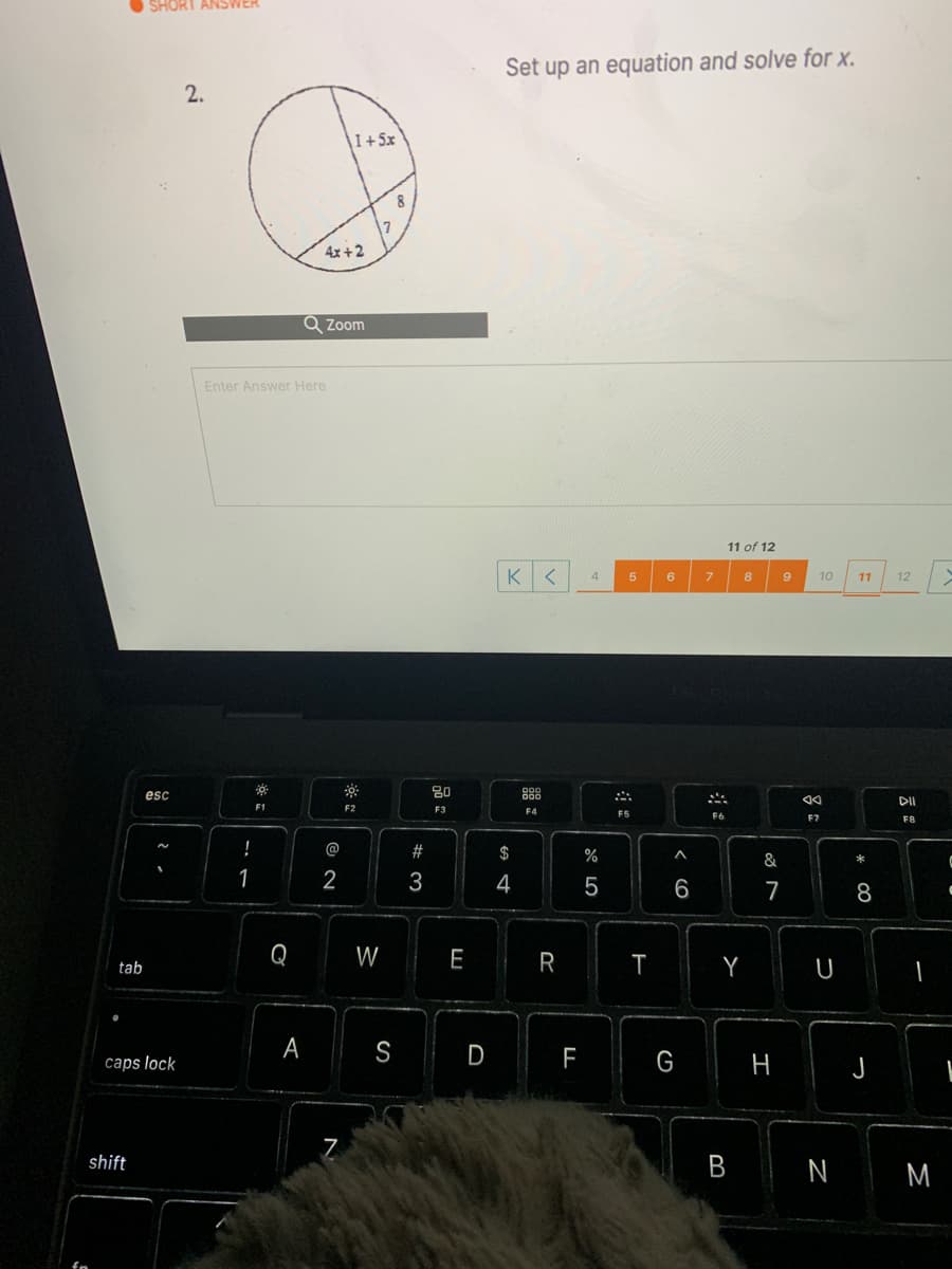 SHORT ANSWER
Set up an equation and solve for x.
2.
|1+5x
7
4x+2
Q Zoom
Enter Answer Here
11 of 12
4.
5
6.
10
11
12
esc
80
88
こ。
DII
F1
F2
F3
F4
F6
F7
F8
@
#
%
&
1
3
4
6
7
8
Q
W
E
R
Y
tab
A
S
D
F
G
H
caps lock
shift
N
M
