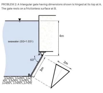 PROBLEM 2: A triangular gate having dimensions shown is hinged at its top at A.
The gate rests on a frictionless surface at B.
4m
seawater (SG=1.031)
A
60
2m
3m
