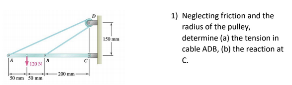 1) Neglecting friction and the
radius of the pulley,
determine (a) the tension in
cable ADB, (b) the reaction at
150 mm
B
120 N
С.
200 mm
50 mm 50 mm
