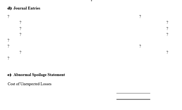 d) Journal Entries
?
?
?
?
?
?
?
?
?
?
?
?
?
e) Abnormal Spoilage Statement
Cost of Unexpected Losses
