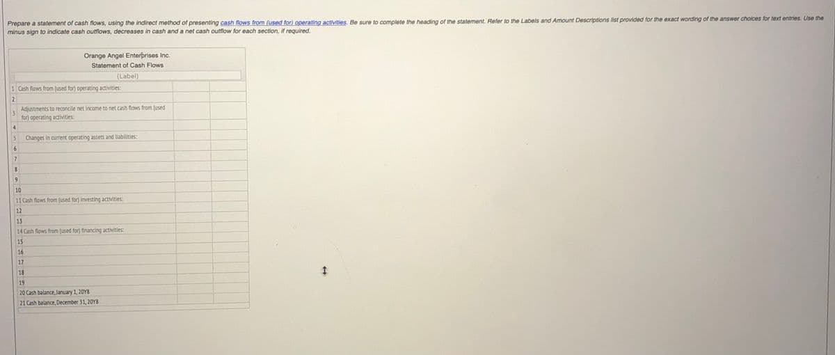 Prepare a statement of cash flows, using the indirect method of presenting cash flows from (used for) operating activities. Be sure to complete the heading of the statement. Refer to the Labels and Amount Descriptions list provided for the exact wording of the answer choices for text entries. Use the
minus sign to indicate cash outflows, decreases in cash and a net cash outflow for each section, if required.
Orange Angel Enterprises Inc.
Statement of Cash Flows
(Label)
1 Cash flows from (used for) operating activities:
2
Adjustments to reconcile net income to net cash flows from (used
3
for) operating activities:
4
Changes in current operating assets and liabilities:
6.
7
8.
10
11 Cash flows from (used for) investing activities:
12
13
14 Cash flows from (used for) financing activities:
15
16
17
18
19
20 Cash balance, January 1, 20Y8
21 Cash balance, December 31, 20Y8
