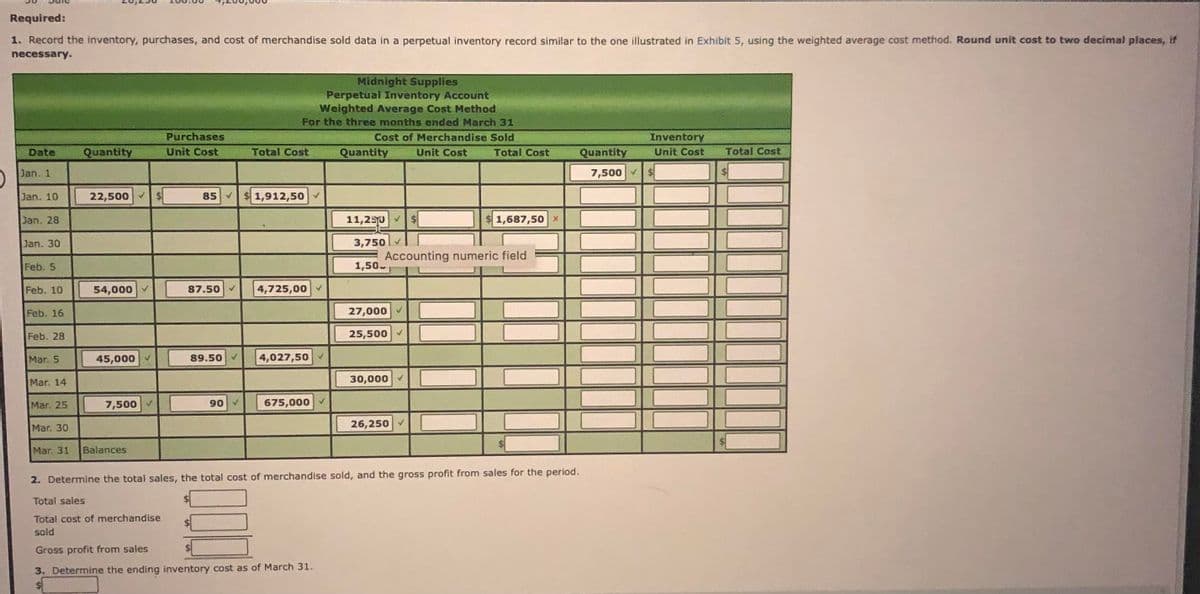 Required:
1. Record the inventory, purchases, and cost of merchandise sold data in a perpetual inventory record similar to the one illustrated in Exhibit 5, using the weighted average cost method. Round unit cost to two decimal places, if
necessary.
Midnight Supplies
Perpetual Inventory Account
Weighted Average Cost Method
For the three months ended March 31
Purchases
Cost of Merchandise Sold
Inventory
Date
Quantity
Unit Cost
Total Cost
Quantity
Unit Cost
Total Cost
Quantity
Unit Cost
Total Cost
Jan. 1
7,500 V
Jan. 10
22,500
85 V
$1,912,50
Jan. 28
11,25p $
$1,687,50 x
Jan. 30
3,750
Accounting numeric field
1,50
Feb. 5
Feb. 10
54,000 V
87.50
4,725,00 v
Feb. 16
27,000
Feb. 28
25,500
Mar. 5
45,000
89.50 V
4,027,50
Mar. 14
30,000
Mar. 25
7,500
90
675,000
Mar, 30
26,250 v
Mar. 31
Balances
2. Determine the total sales, the total cost of merchandise sold, and the gross profit from sales for the period.
Total sales
Total cost of merchandise
sold
Gross profit from sales
3. Determine the ending inventory cost as of March 31.
