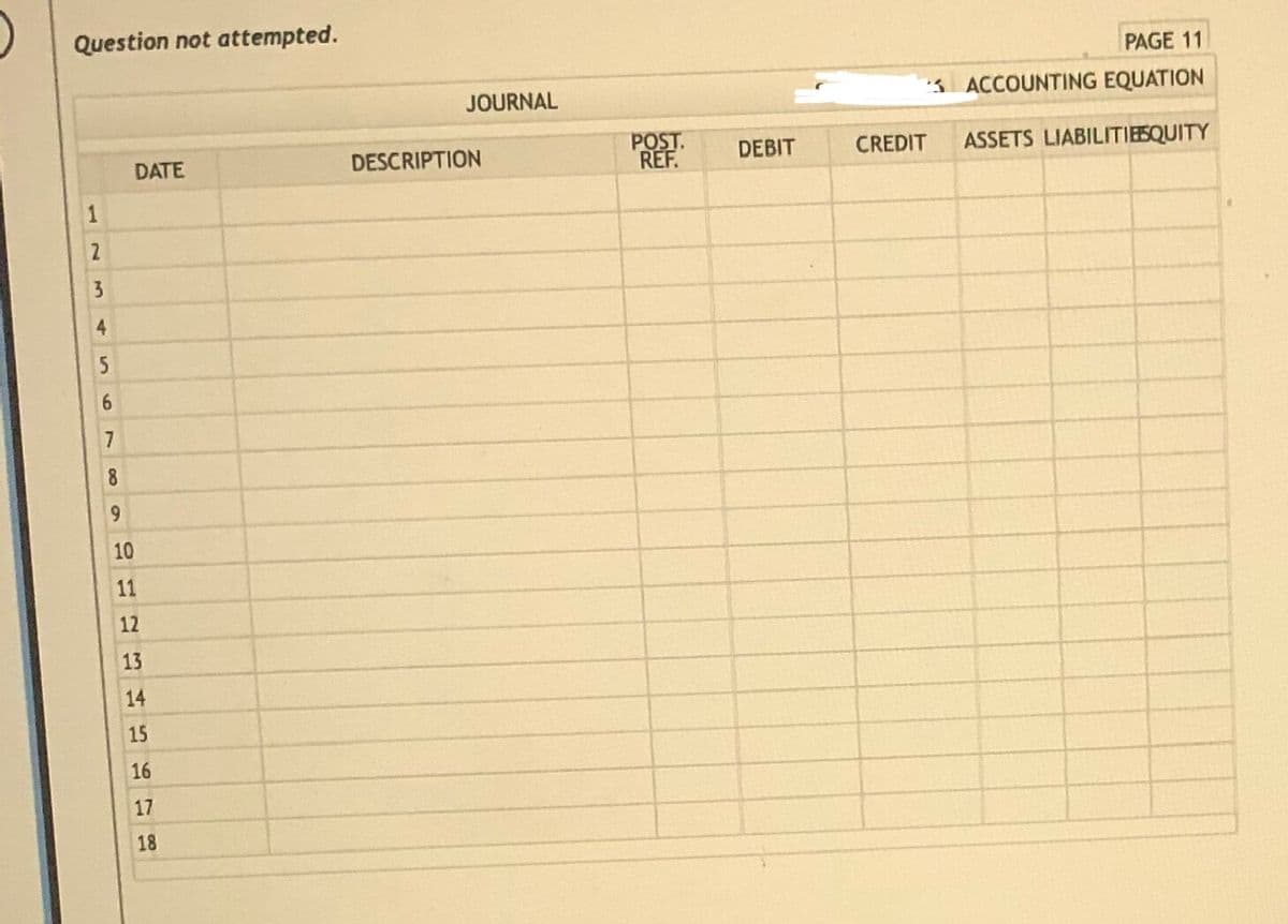 Question not attempted.
PAGE 11
JOURNAL
3 ACCOUNTING EQUATION
POST.
REF.
CREDIT
ASSETS LIABILITIESQUITY
DATE
DESCRIPTION
DEBIT
1
4
7
8
6.
10
11
12
13
14
15
16
17
18
