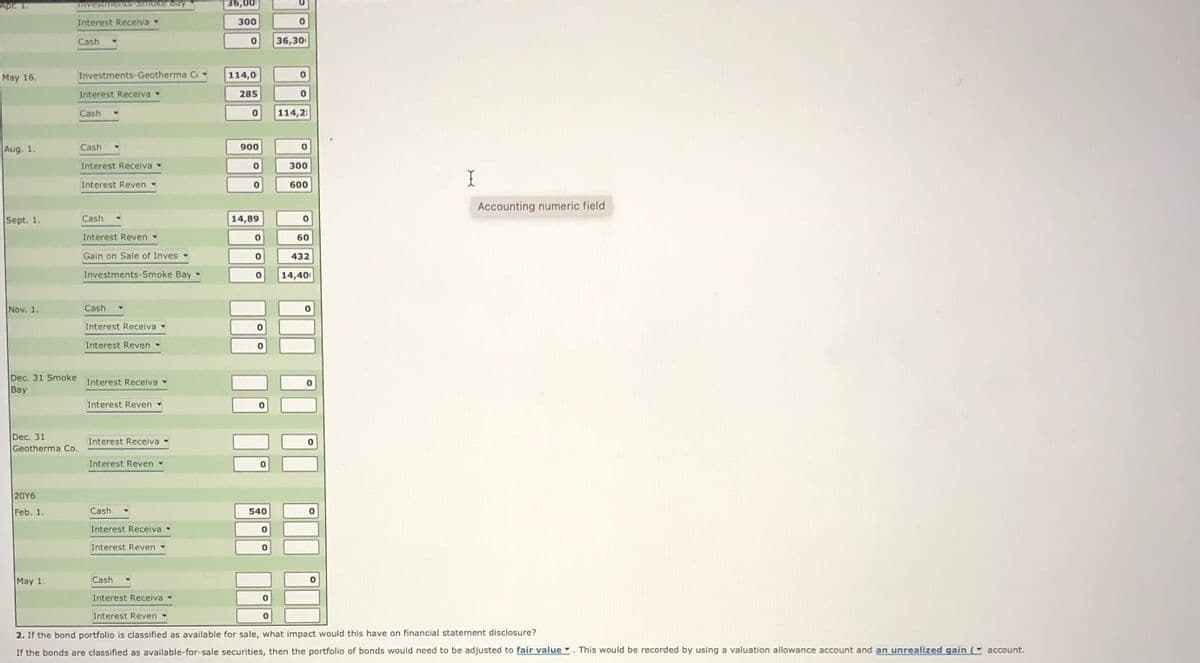 36,00
Interest Receiva
300
Cash
36,30
May 16.
Investments-Geotherma C
114,0
Interest Receiva
285
Cash
114,2
Aug. 1.
Cash -
900
Interest Receiva
300
Interest Reven
600
Accounting numeric field
Sept. 1.
Cash
14,89
Interest Reven
60
Gain on Sale of Inves
432
Investments-Smoke Bay
-
14,40
Nov, 1.
Cash
Interest Receiva
Interest Reven
Dec. 31 Smoke
Bay
Interest Receiva
Interest Reven
Dec. 31
Geotherma Co.
Interest Receiva
Interest Reven -
20Y6
Feb. 1
Cash
-
540
Interest Receiva
Interest Reven -
May 1.
Cash-
Interest Receiva-
Interest Reven-
2. If the bond portfolio is classified as available for sale, what impact would this have on financial statement disclosure?
If the bonds are classified as available-for-sale securities, then the portfolio of bonds would need to be adjusted to fair value . This would be recorded by using a valuation allowance account and an unrealized gain (- account.
