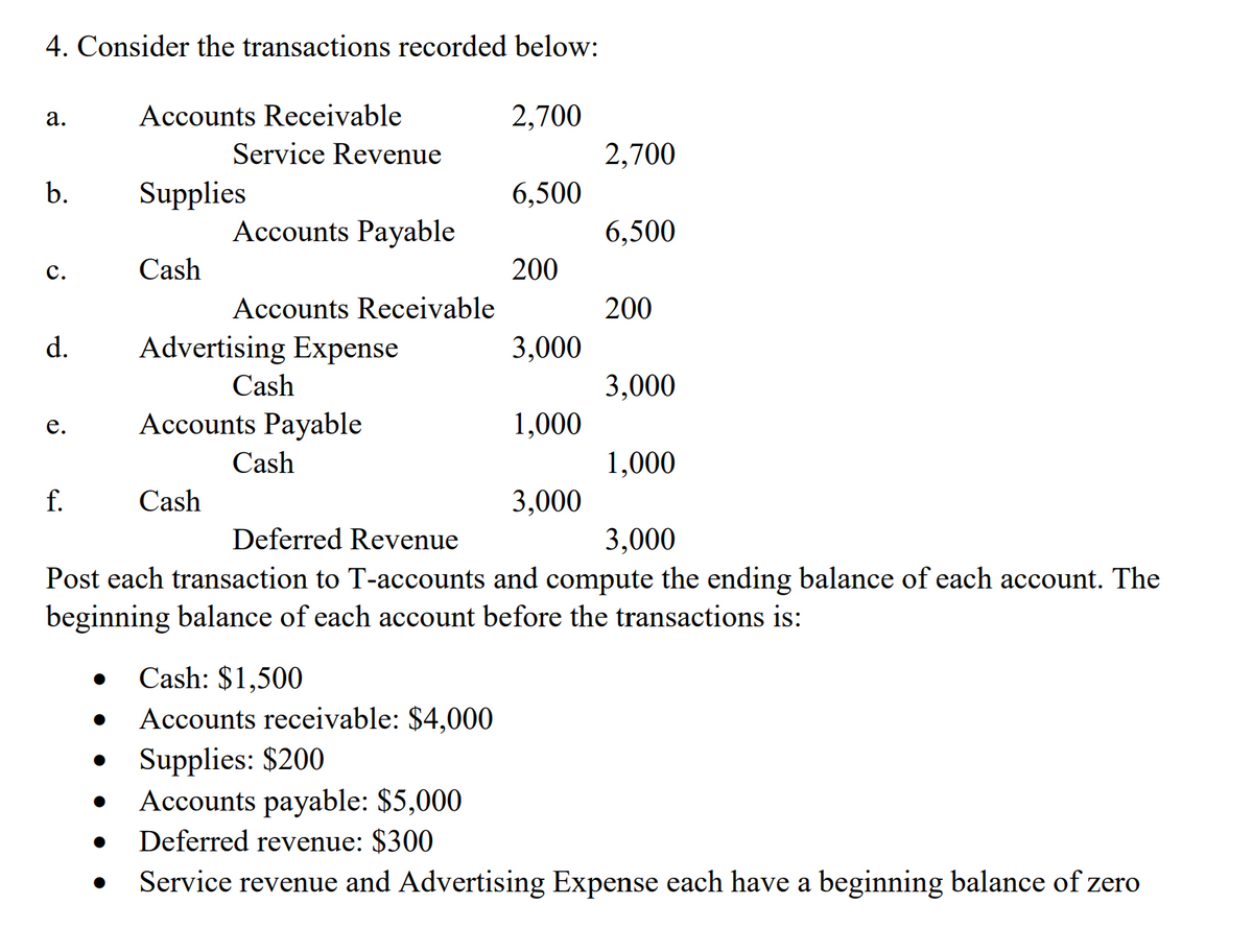 4. Consider the transactions recorded below:
a.
b.
C.
d.
e.
f.
●
●
●
●
Accounts Receivable
●
Supplies
Cash
Service Revenue
Cash
Accounts Payable
Accounts Receivable
Advertising Expense
Cash
Accounts Payable
Cash
2,700
6,500
200
3,000
1,000
3,000
2,700
Deferred Revenue
3,000
Post each transaction to T-accounts and compute the ending balance of each account. The
beginning balance of each account before the transactions is:
6,500
200
3,000
1,000
Cash: $1,500
Accounts receivable: $4,000
Supplies: $200
Accounts payable: $5,000
Deferred revenue: $300
Service revenue and Advertising Expense each have a beginning balance of zero