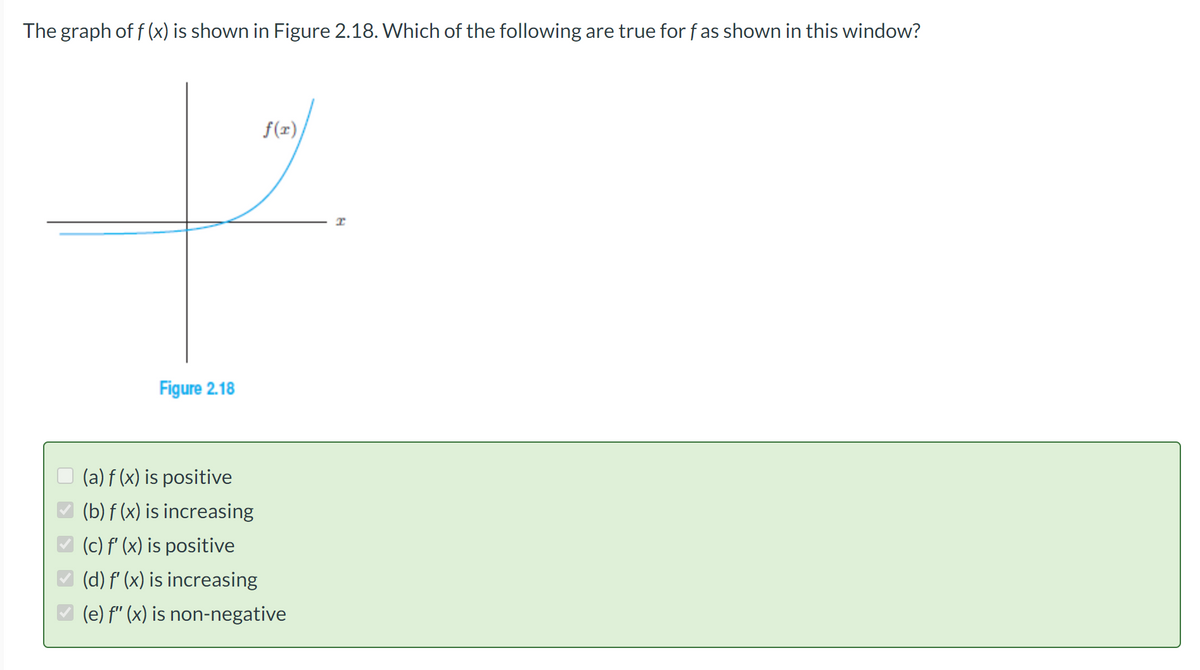 The graph of f (x) is shown in Figure 2.18. Which of the following are true for f as shown in this window?
Figure 2.18
f(x)
(a) f(x) is positive
(b) f(x) is increasing
(c) f'(x) is positive
(d) f'(x) is increasing
(e) f" (x) is non-negative