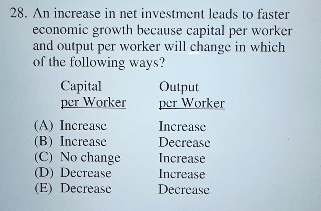 28. An increase in net investment leads to faster
economic growth because capital per worker
and output per worker will change in which
of the following ways?
Capital
per Worker
(A) Increase
(B) Increase
(C) No change
(D) Decrease
(E) Decrease
Output
per Worker
Increase
Decrease
Increase
Increase
Decrease