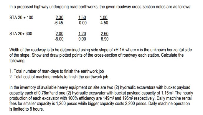 In a proposed highway undergoing road earthworks, the given roadway cross-section notes are as follows:
STA 20 + 100
2.30
-6.45
1.50
0.00
1.00
4.50
2.00
-6.00
2.60
6.90
STA 20+ 300
1.20
0.00
Width of the roadway is to be determined using side slope of xH:1V where x is the unknown horizontal side
of the slope. Show and draw plotted points of the cross-section of roadway each station. Calculate the
following:
1. Total number of man-days to finish the earthwork job
2. Total cost of machine rentals to finish the earthwork job.
In the inventory of available heavy equipment on site are two (2) hydraulic excavators with bucket payload
capacity each of 0.76m³ and one (2) hydraulic excavator with bucket payload capacity of 1.15m³. The hourly
production of each excavator with 100% efficiency are 149m³ and 196m³ respectively. Daily machine rental
fees for smaller capacity is 1,200 pesos while bigger capacity costs 2,200 pesos. Daily machine operation
is limited to 8 hours.
