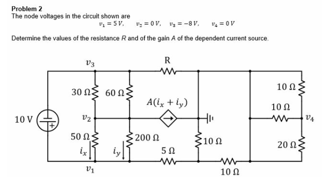 Problem 2
The node voltages in the circuit shown are
40 = *a
Determine the values of the resistance R and of the gain A of the dependent current source.
vz = 5 V. v2 = ov, vz = -8 V,
R
V3
10 Ω
30 Ω 60 Ωξ
A(ix + iy)
10 N
10 V
v2
V4
50 Ω
200 n
: 10 Ω
20 Ω
ix
iy
V1
10 Ω
