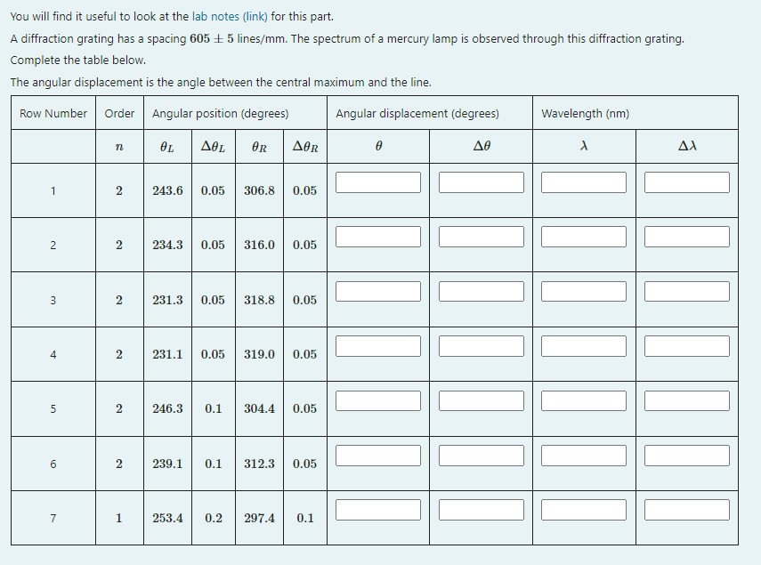 You will find it useful to look at the lab notes (link) for this part.
A diffraction grating has a spacing 605+5 lines/mm. The spectrum of a mercury lamp is observed through this diffraction grating.
Complete the table below.
The angular displacement is the angle between the central maximum and the line.
Row Number
Order
Angular position (degrees)
Angular displacement (degrees)
Wavelength (nm)
OL
Δε
OR
AA
1
243.6
0.05
306.8
0.05
234.3
0.05
316.0
0.05
3
231.3
0.05
318.8
0.05
4
231.1
0.05
319.0
0.05
2
246.3
0.1
304.4
0.05
6
239.1
0.1
312.3
0.05
7
1.
253.4
0.2
297.4
0.1
2.
2.
LO
