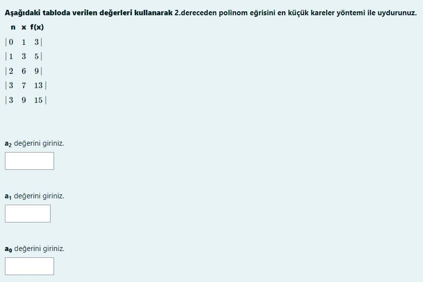 Aşağıdaki tabloda verilen değerleri kullanarak 2.dereceden polinom eğrisini en küçük kareler yöntemi ile uydurunuz.
n x f(x)
|0 1 3|
|1 3 5|
|2 6 9
|3 7 13|
|3 9 15 |
az değerini giriniz.
a, değerini giriniz.
ao değerini giriniz.
