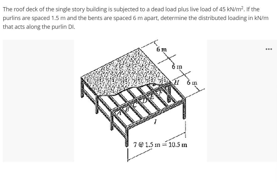 The roof deck of the single story building is subjected to a dead load plus live load of 45 kN/m². If the
purlins are spaced 1.5 m and the bents are spaced 6 m apart, determine the distributed loading in kN/m
that acts along the purlin DI.
6 m
...
H 6 m
7@ 1.5 m = 10.5 m
