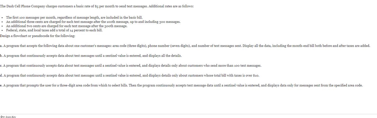 The Dash Cell Phone Company charges customers a basic rate of $5 per month to send text messages. Additional rates are as follows:
• The first 10o messages per month, regardless of message length, are included in the basic bill.
An additional three cents are charged for each text message after the 10oth message, up to and including 300 messages.
An additional two cents are charged for each text message after the 30oth message.
Federal, state, and local taxes add a total of 14 percent to each bill.
Design a flowchart or pseudocode for the following:
a. A program that accepts the following data about one customer's messages: area code (three digits), phone number (seven digits), and number of text messages sent. Display all the data, including the month-end bill both before and after taxes are added.
b. A program that continuously accepts data about text messages until a sentinel value is entered, and displays all the details.
c. A program that continuously accepts data about text messages until a sentinel value is entered, and displays details only about customers who send more than 100 text messages.
d. A program that continuously accepts data about text messages until a sentinel value is entered, and displays details only about customers whose total bill with taxes is over $10.
e. A program that prompts the user for a three-digit area code from which to select bills. Then the program continuously accepts text message data until a sentinel value is entered, and displays data only for messages sent from the specified area code.
= Icon Key
