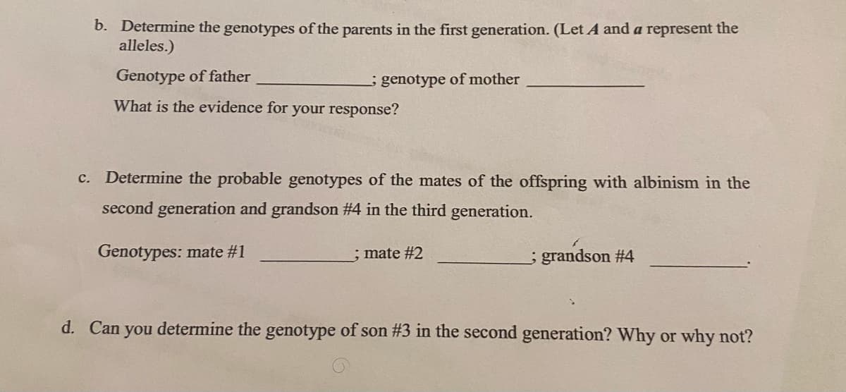 b. Determine the genotypes of the parents in the first generation. (Let A and a represent the
alleles.)
Genotype of father
- genotype of mother
What is the evidence for your response?
c. Determine the probable genotypes of the mates of the offspring with albinism in the
second generation and grandson #4 in the third generation.
Genotypes: mate #1
; mate #2
grandson # 4
d. Can
determine the genotype of son #3 in the second generation? Why or why not?
you
