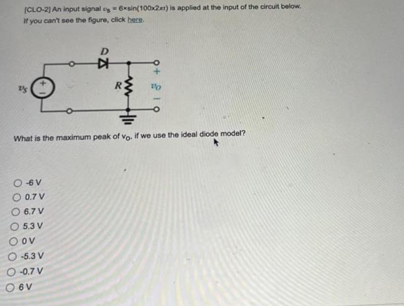 [CLO-2] An input signal us=6xsin(100x2x) is applied at the input of the circuit below.
If you can't see the figure, click here.
Vs
O-6V
O 0.7 V
O 6.7 V
O 5.3 V
O OV
D
O-5.3 V
O-0.7 V
06V
KH
www
R
What is the maximum peak of vo. if we use the ideal diode model?
vo