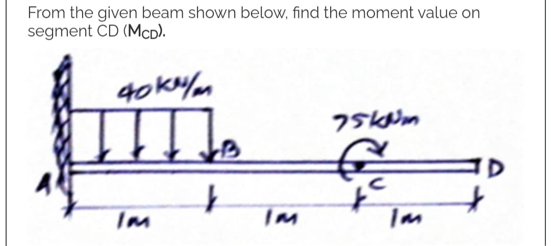 From the given beam shown below, find the moment value on
segment CD (MCD).
40 kr/m
75kum
Im
Дв
↓
Im