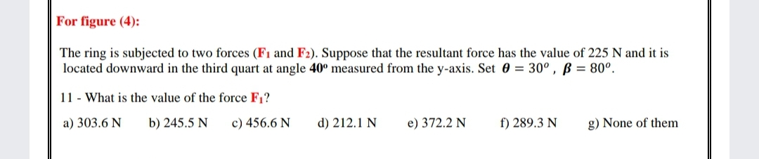 For figure (4):
The ring is subjected to two forces (F1 and F2). Suppose that the resultant force has the value of 225 N and it is
located downward in the third quart at angle 40º measured from the y-axis. Set 0 = 30° , ß = 80°.
11 - What is the value of the force F1?
a) 303.6 N
b) 245.5 N
c) 456.6 N
d) 212.1 N
e) 372.2 N
f) 289.3 N
g) None of them
