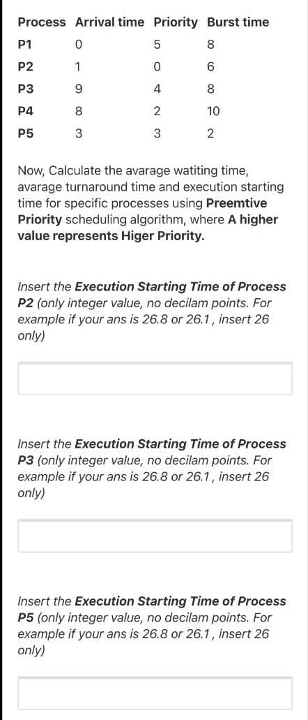 Process Arrival time Priority Burst time
P1
8
P2
1
6.
P3
9
P4
8
2
10
P5
3
2
Now, Calculate the avarage watiting time,
avarage turnaround time and execution starting
time for specific processes using Preemtive
Priority scheduling algorithm, where A higher
value represents Higer Priority.
Insert the Execution Starting Time of Process
P2 (only integer value, no decilam points. For
example if your ans is 26.8 or 26.1, insert 26
only)
Insert the Execution Starting Time of Process
P3 (only integer value, no decilam points. For
example if your ans is 26.8 or 26.1, insert 26
only)
Insert the Execution Starting Time of Process
P5 (only integer value, no decilam points. For
example if your ans is 26.8 or 26.1, insert 26
only)
