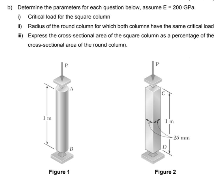 b) Determine the parameters for each question below, assume E = 200 GPa.
i) Critical load for the square column
ii) Radius of the round column for which both columns have the same critical load
iii) Express the cross-sectional area of the square column as a percentage of the
cross-sectional area of the round column.
|A
1'm
1'm
- 25 mm
B
D
Figure 1
Figure 2
