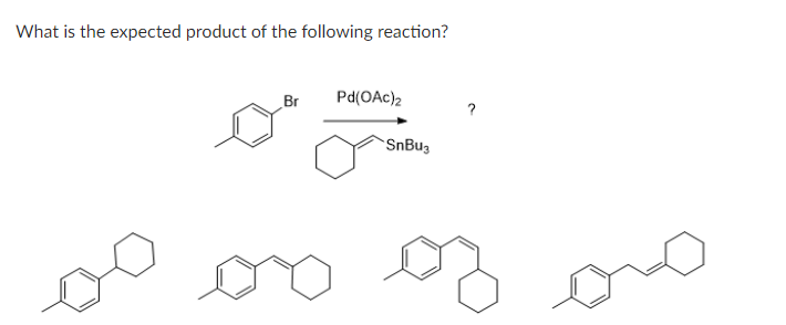 What is the expected product of the following reaction?
Br
Pd(OAc)2
SnBu3