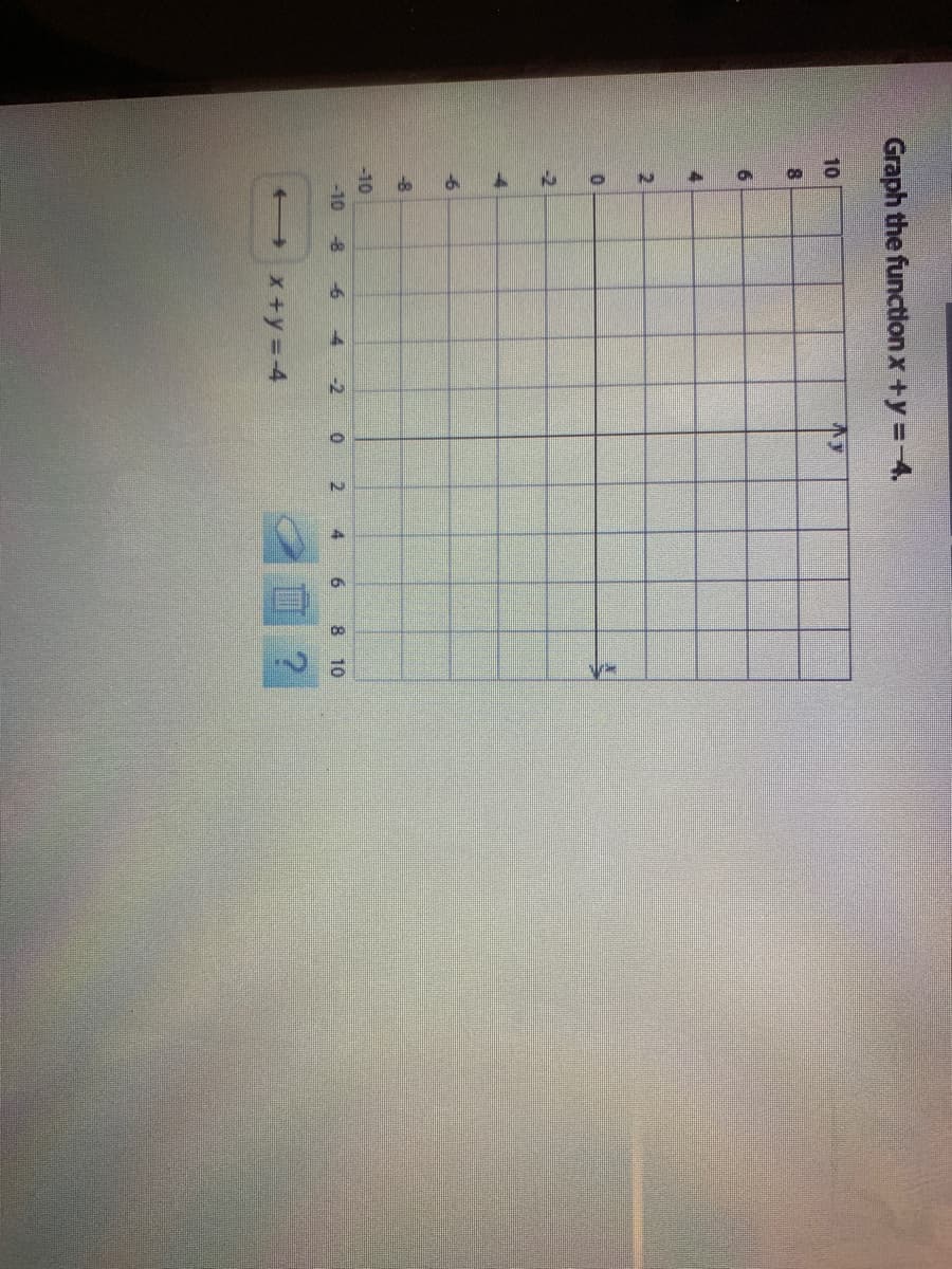 de
Graph the function x +y =-4.
10
4.
-2
-4
-6
-8
-10
-10
-6
-2
4
6.
8 10
X+y=4
