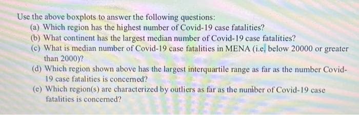 Use the above boxplots to answer the following questions:
(a) Which region has the highest number of Covid-19 case fatalities?
(b) What continent has the largest median number of Covid-19 case fatalities?
(c) What is median number of Covid-19 case fatalities in MENA (i.e, below 20000 or greater
than 2000)?
(d) Which region shown above has the largest interquartile range as far as the number Covid-
19 case fatalities is concerned?
(e) Which region(s) are characterized by outliers as far as the number of Covid-19 case
fatalities is concerned?