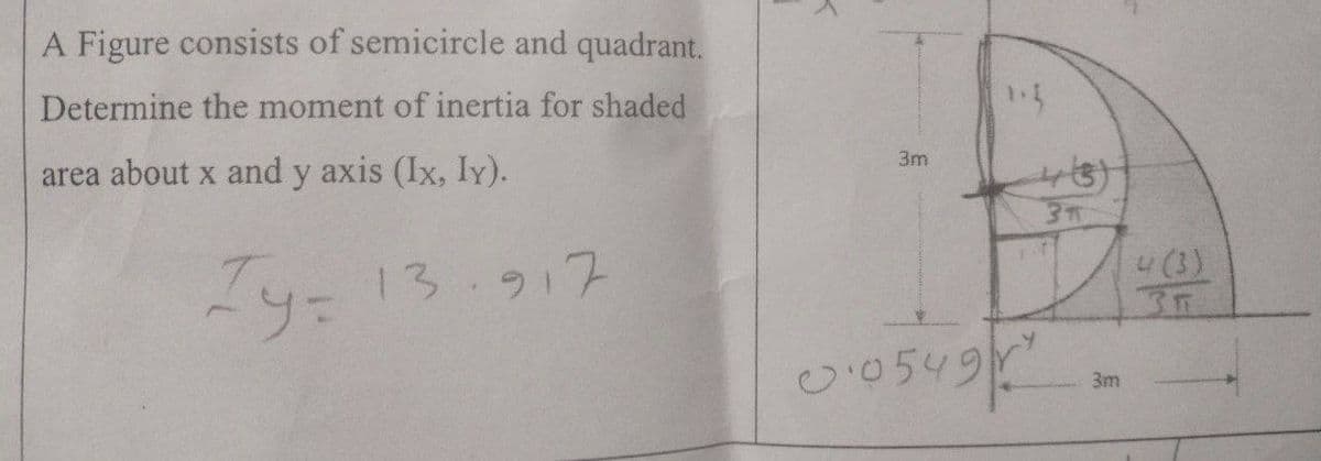 A Figure consists of semicircle and quadrant.
Determine the moment of inertia for shaded
area about x and y axis (Ix, Iy).
Iy= 13.917
3m
0.0549
31
3m
4 (3)
35