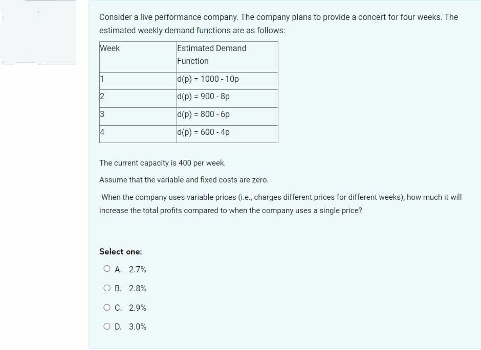 Consider a live performance company. The company plans to provide a concert for four weeks. The
estimated weekly demand functions are as follows:
Week
1
2
3
Select one:
O A. 2.7%
O B. 2.8%
The current capacity is 400 per week.
Assume that the variable and fixed costs are zero.
When the company uses variable prices (i.e., charges different prices for different weeks), how much it will
increase the total profits compared to when the company uses a single price?
O C. 2.9%
Estimated Demand
Function
O D. 3.0%
d(p) = 1000 - 10p
d(p) = 900-8p
d(p) = 800 - 6p
d(p) = 600-4p