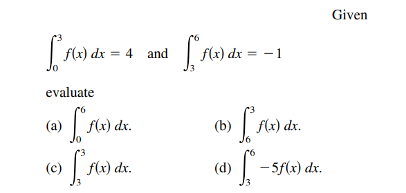 Given
f(x) dx = 4 and
f(x) dx = – 1
evaluate
(a)
f(x) dx.
(b)
f(x) dx.
(c)
f(x) dx.
(d)
- 5f(x) dx.
