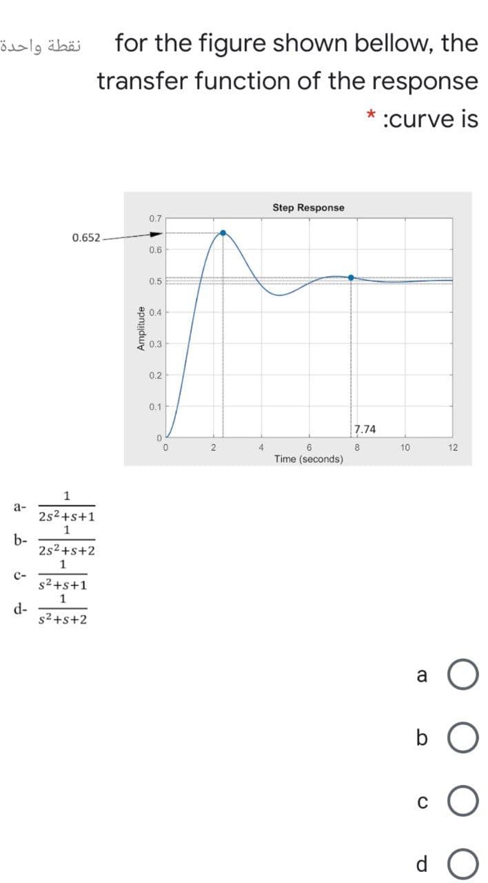 for the figure shown bellow, the
transfer function of the response
نقطة واحدة
:curve is
Step Response
0.7
0.652
0.6
0.5
8 0.4
0.3
0.2
0.1-
7.74
2
4.
6
8
10
12
Time (seconds)
1
а-
2s2+s+1
1
b-
2s2+s+2
1
C-
s2+s+1
1
d-
s2+s+2
a
b O
d O
Amplitude
