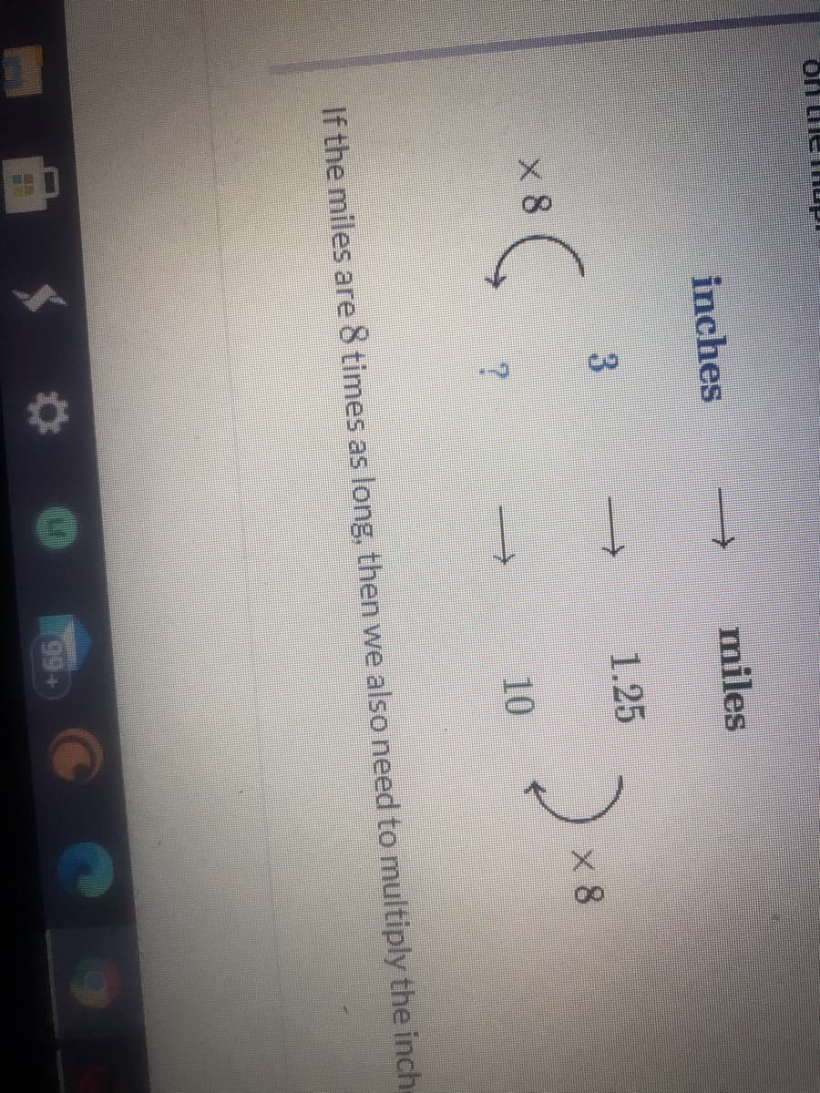 inches
miles
3
1.25
x 8
x 8
10
If the miles are 8 times as long, then we also need to multiply the inch-
199+
